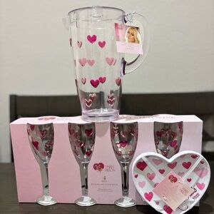 Paris Hilton Pink Heart Acrylic Pitcher, Stemware & Heart Dish Set